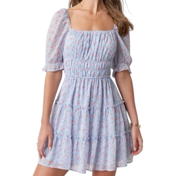 Trixx Clothing Company Light Blue Floral Mini Dress Sz Medium Sheer 3/4‎ Sleeve - Picture 1 of 11